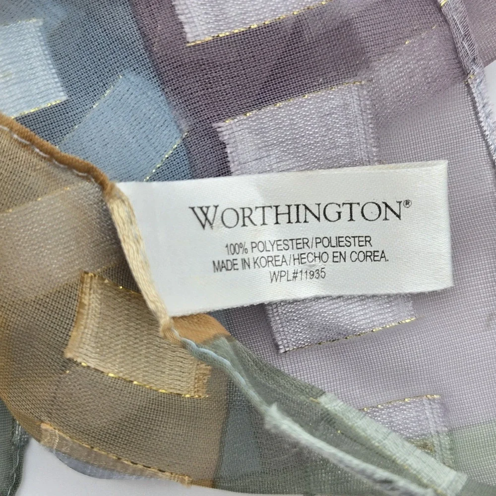 Worthington Womens Sheer Scarf 13x60 Blue Gold Geometric Metallic Stripe Squares